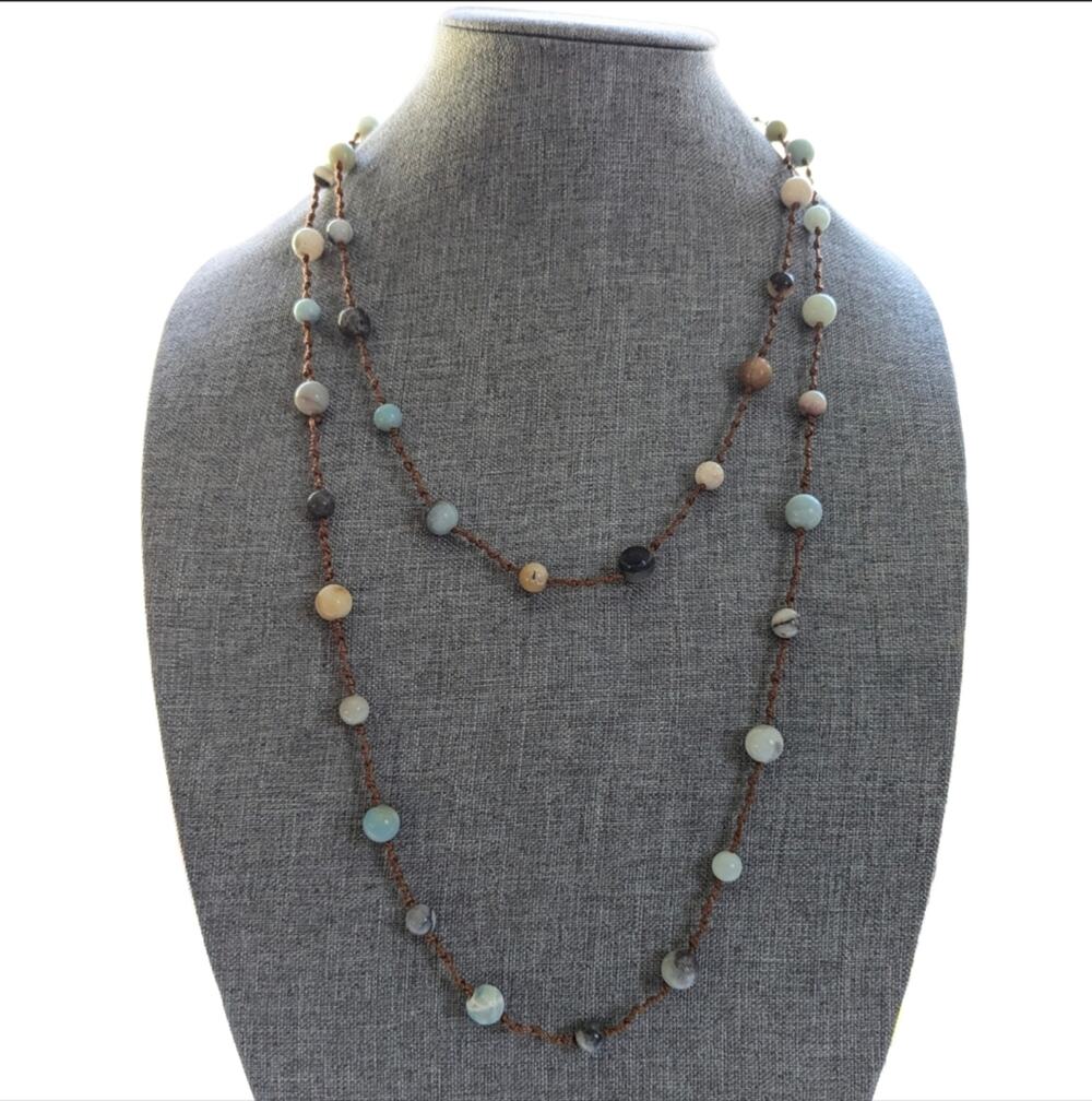 Vintage Hand Knotted Aquamarine Quartz Beaded Long Bohemian Festival Necklace